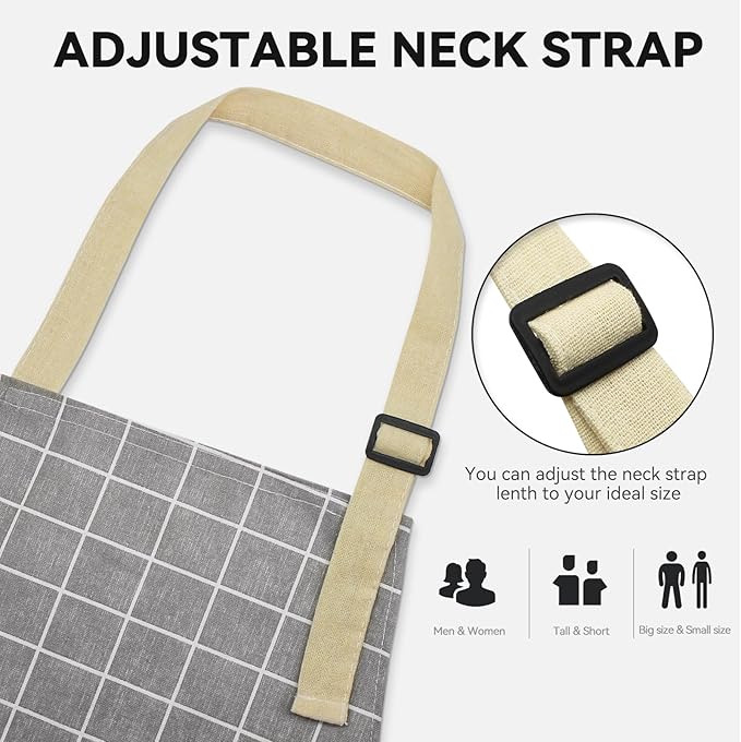 2 Pieces Aprons for Women with Pockets, Cotton Linen Waterproof Kitchen Cooking Aprons, Chef Apronfor Men Women with Adjustable Neck Strap and Long Ties(Grey/Blue)
