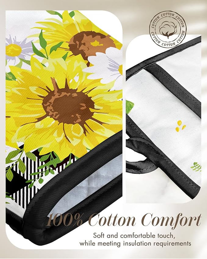Miss Adola Cotton Oven Mitts and Pot Holders Sets - Quilted Lining Heat Resistant 4 Pieces Set with Hanging Loop Cute Farmhouse Boho Spring Kitchen Decor and Accessories, Plaid Sunflower