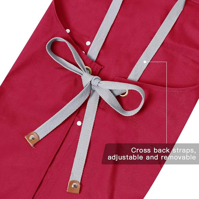 Mignongirl Chef Apron,Cross Back Apron for Men Women with Adjustable Straps and Large Pockets,Canvas,M-XXL (Red)