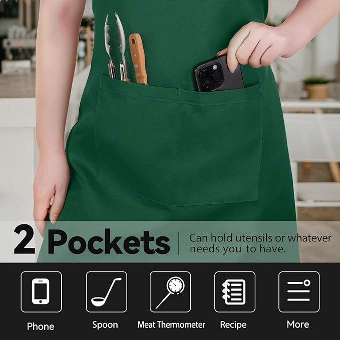 NLUS 2 Pack Kitchen Aprons with 2 Pockets for Women Men, Chef Aprons for Baking BBQ Cooking, Green