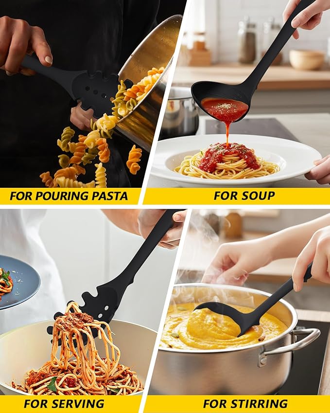 Silicone Pasta Fork and Soup Ladle Set, Heat Resistant Non Stick Kitchen Utensils with Back Hooks, Suitable for Cooking, Stirring, Serving Spaghetti, Soup, Sauce (BLACK)