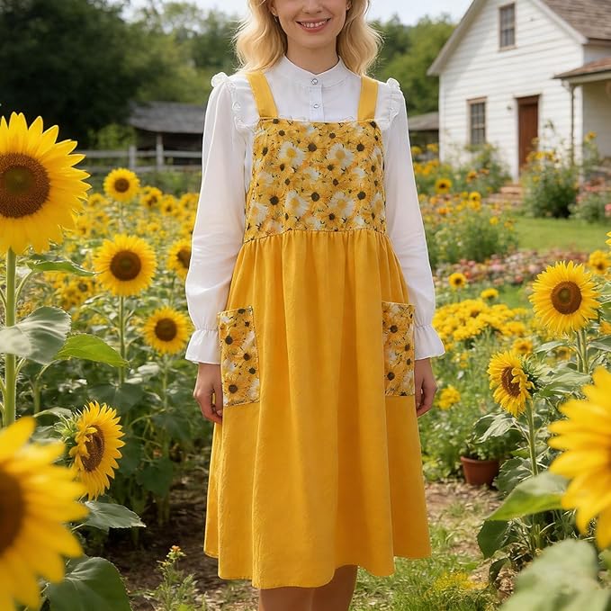Uaussi Cotton Linen Apron Cross Back Work Apron for Women with Pockets Pinafore Dress X Cross Halter Apron for Chef Gardening