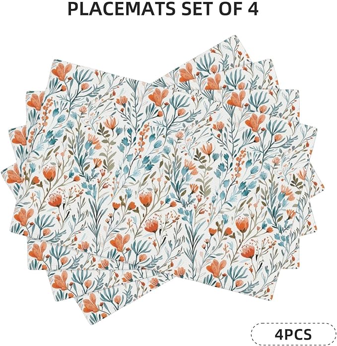 Boho Teal Orange Floral Linen Placemats Set of 4, 12x18 Inch Burnt Orange and Blue Watercolor Flower Table Mats, Non-Slip Heat Resistant Dining Mats for Kitchen Party Wedding, Spring Easter Home Decor