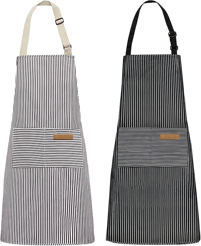 NLUS 2 Pack Kitchen Cooking Aprons, Adjustable Bib Soft Chef Apron with 2 Pockets for Men Women (Brown/Dark Black Strips)