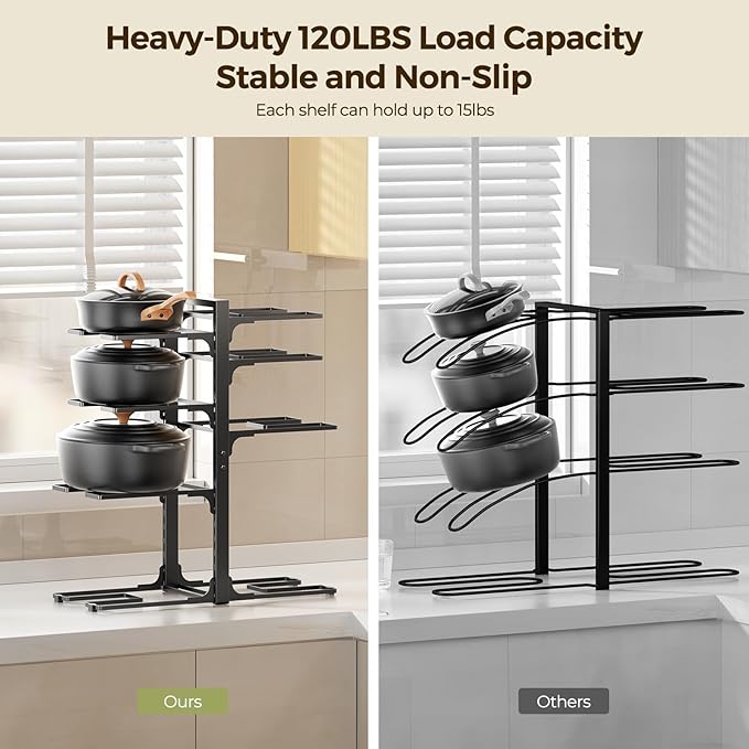 LAMU Pots and Pans Organizer under Cabinet 20.8" Height, 8 Tier Heavy Duty Pan Organizers inside Cabinet with Adjustable Pot Rack, Holds up to 120 LB for Stockpots Dutch Ovens and Cast Iron Cookware