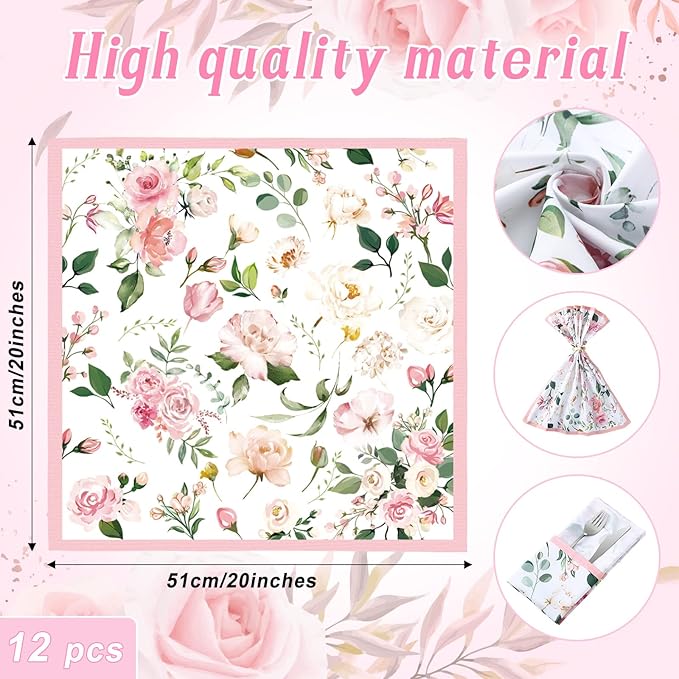 12 Pcs Floral Cloth Napkins 20'' x 20'' Washable Dinner Tea Party Napkins for Kitchen Party Wedding Restaurant Indoor Outdoor Botanical Fresh Spring Summer