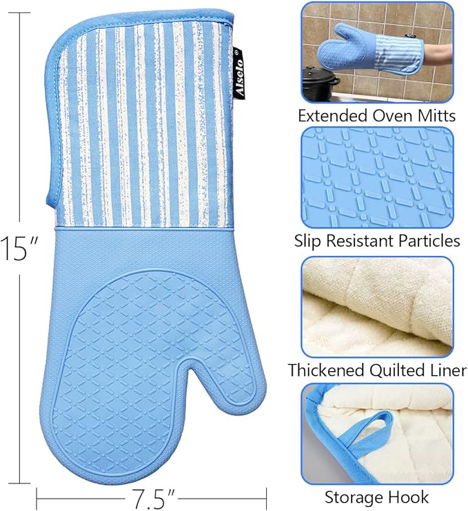 Alselo Silicone Oven Mitts Heat Resistant 932℉ with Waterproof & Non-Slip Kitchen Mittens, Set of 2 Extra Long Oven Gloves with Soft Cotton Terry Lining for Baking Cooking Barbecue (2, Blue Mitts)