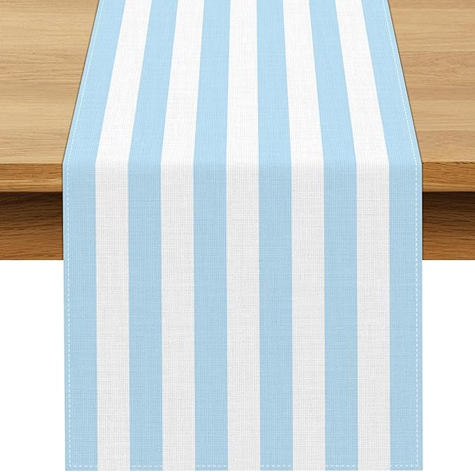 Light Blue and White Cabana Striped Table Runner Coastal Theme Wedding Party Decoration Birthday Baby Shower Dining Room Home Kitchen Table Decor 108In