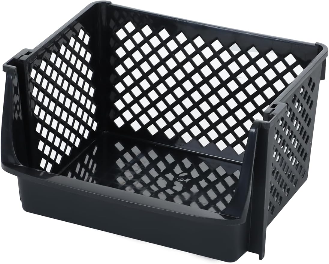 TidyFriend Plastic Stackable Bins for Pantry, 6 Pack Large Stacking Bins Open Front Kitchen, and Bathroom Organization, Open Front Design (Black)