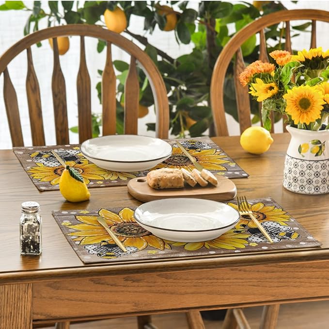 Artoid Mode Wood Sunflower Bee Flower Polka Dot Summer Placemats Set of 4, 12x18 Inch Table Mats for Table Runner Party Kitchen Dining Decoration
