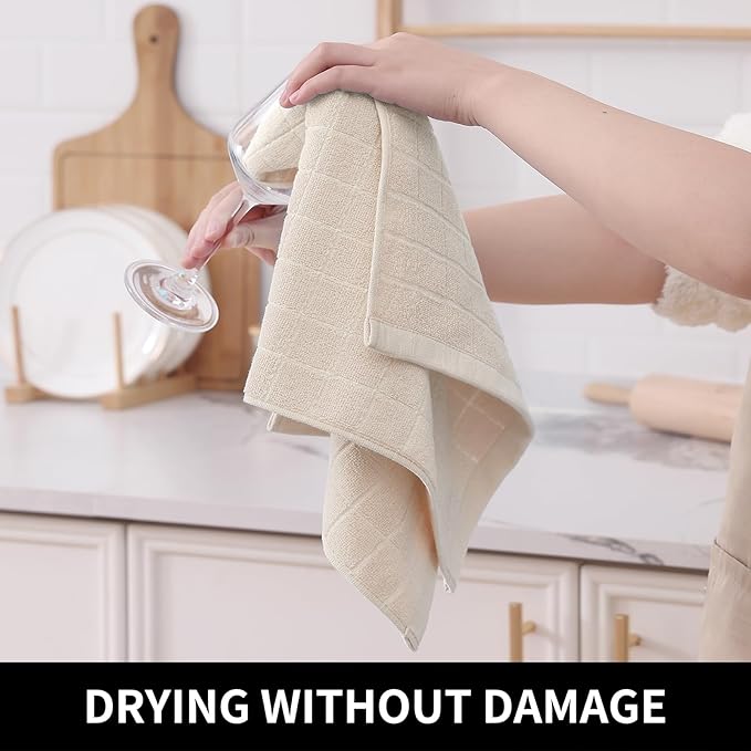 Homaxy 100% Cotton Terry Kitchen Towels(Beige, 13 x 28 inches), Checkered Designed, Soft and Super Absorbent Dish Towels, 2 Pack