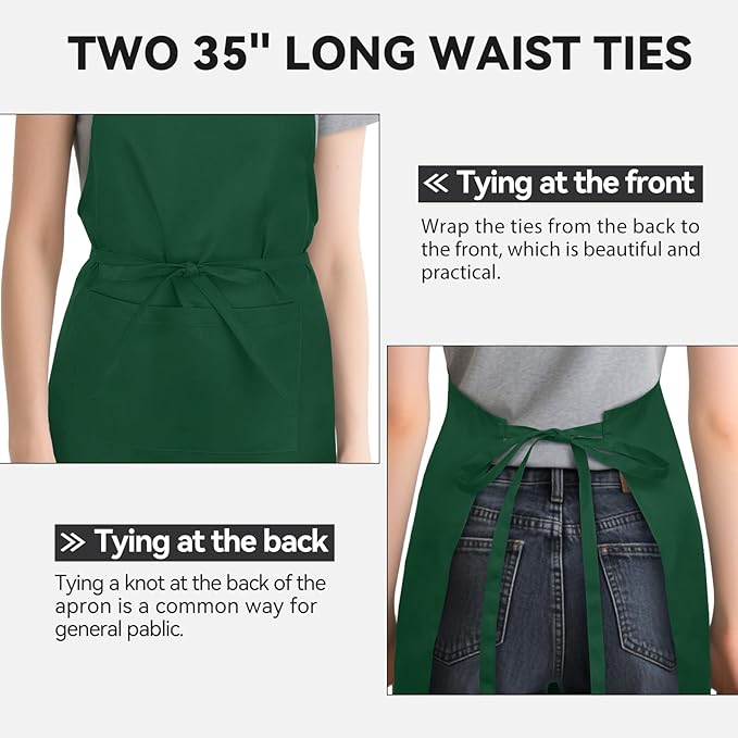NLUS 2 Pack Kitchen Aprons with 2 Pockets for Women Men, Chef Aprons for Baking BBQ Cooking, Green