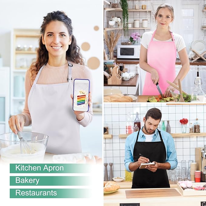 Jubatus 2 Pack 3 Pockets Adjustable Bib Apron Chef Kitchen Cooking Aprons for Women Men, White