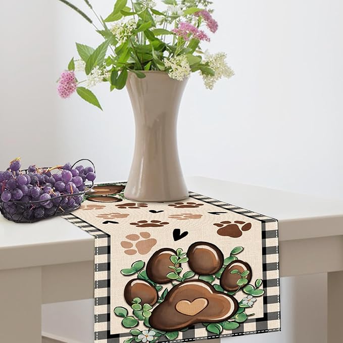 Cat Dog Paw Prints Table Runner, Buffalo Plaid Check Farmhouse Kitchen Dining Table Decoration Pet Lover Gifts, Eucalyptus Leaves Burlap Indoor Outdoor Home Decor Party Supply 13 x 36 Inches
