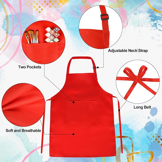 PLULON 6 Pcs Kids Aprons with 2 Pockets Painting Aprons for Kids Aprons Bulk, Paint Apron Adjustable Children Chef Aprons for Girls Boys Painting Baking Cooking Crafting - 6 Colors
