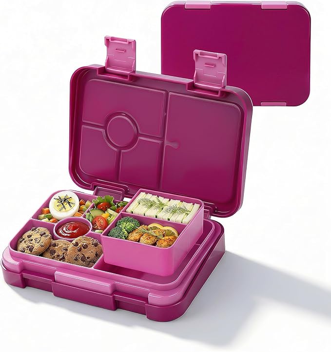 Bento Lunch Box for Kids, 6 Compartments BPA Free, Dishwasher Safe Back to School Snack Bento Lunch Containers Boxes, Ideal Portion Sizes for On-the-Go Meal, Ages 3+, School, Rose Red