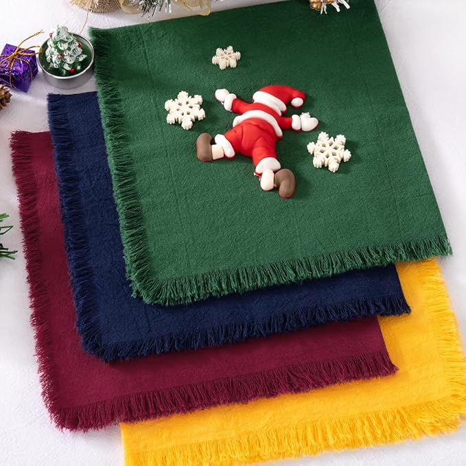 DeZerlor 12 Pack Chriatmas Color Cotton Linen Napkins with Fringe Christmas Winter Napkins Cloth Set of 12 Boho Handmade Dinner Napkins Bulk for Wedding Xmas Dining Table, 17 x 17 Inches