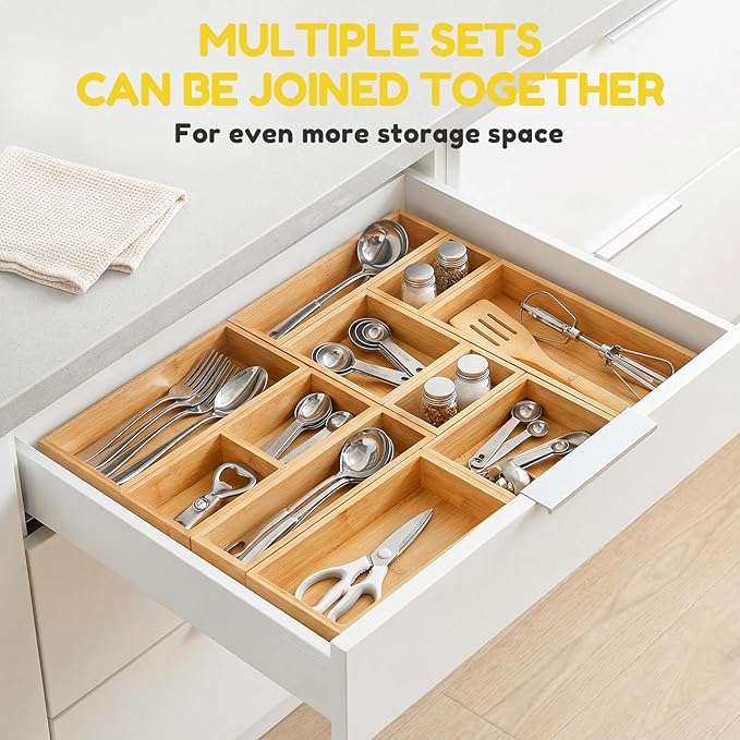lilLittle Bamboo Drawer Organizer, 8 Pcs Kitchen Drawer Organizer Set, Multi Purpose Utensil Drawer Organizer, Silverware Organizer for Kitchen, Bathroom, Office, Junk Drawers