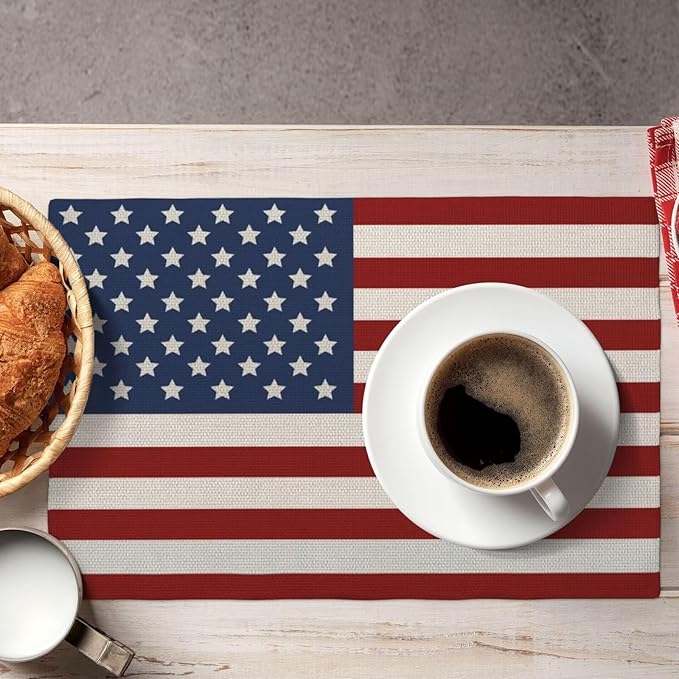 4th of July Patriotic Placemats 12x18 Inch Set of 4, American Flag Table Place Mat Independence Day Stars and Stripes Washable Table Mats Decorative Linen Fabric Table Mat for Dining Table