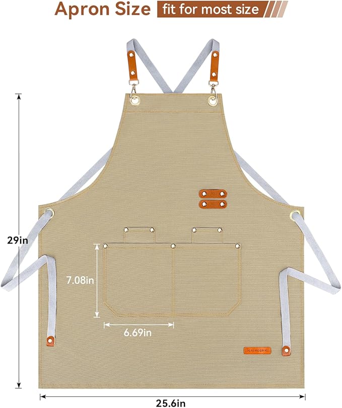 Teskyer Kitchen Cooking Apron with Pockets, Water Oil Resistant, Canvas Cross Back Aprons for Men Women Chef Server
