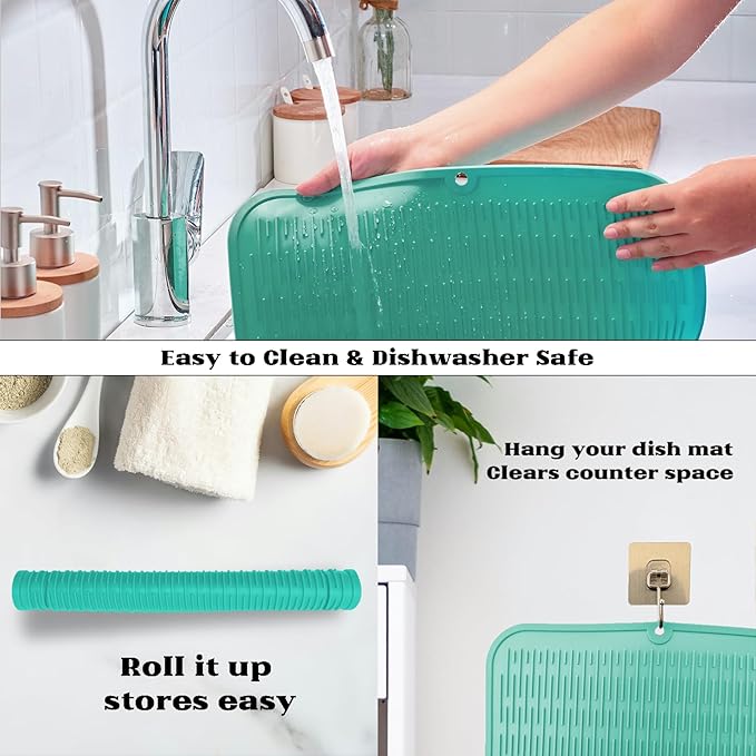 ZLR Large Silicone Dish Drying Mat (16" x 18") - XL Heavy Duty Drainboard Mat for Pots, Pans & Family Loads - Heat Resistant Trivet & Counter Protector, Easy Clean (Mint Green)