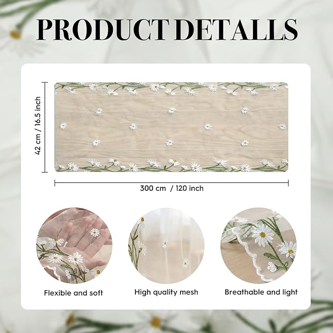 Artoid Mode Daisy Floral Milky White Shaped Gauze Embroidery Table Runner 120 Inch 10FT, Tulle Spring Summer Kitchen Dining Table Decor for Home Party