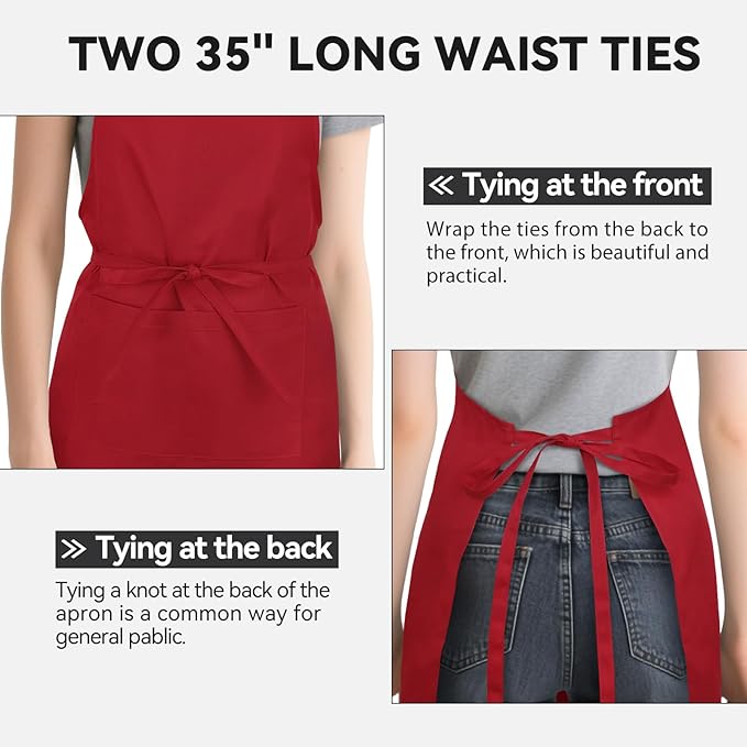 NLUS 2 Pack Kitchen Aprons with 2 Pockets for Women Men, Chef Aprons for Baking BBQ Cooking, Red