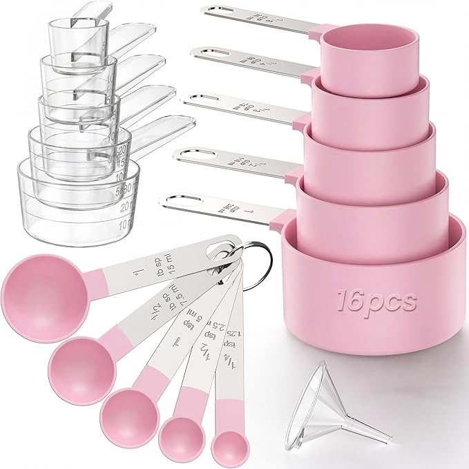 16PCS Measuring Cups and Spoons Set, Measuring Spoon Set with Metric and US Measurements, Fits for Measuring Dry and Liquid (Pink)