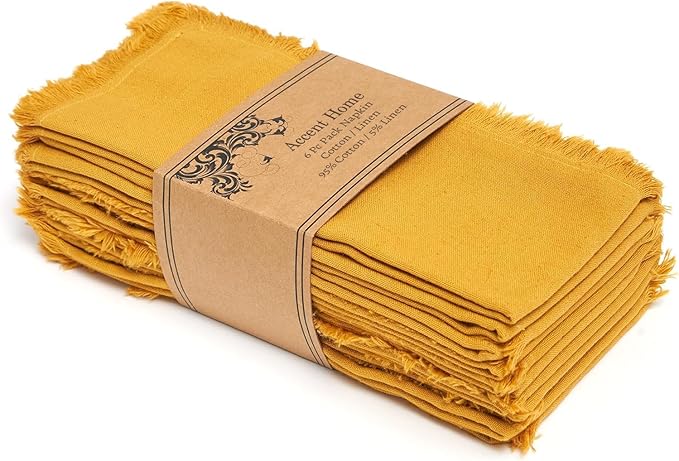 ACCENTHOME Mustard Cotton Linen Napkin Set of 6 18x18 inch Dinner Napkins - Washable Soft Premium Hotel Quality Reusable Napkins Perfect Table Napkins for Family Dinners, Weddings & Everyday Use