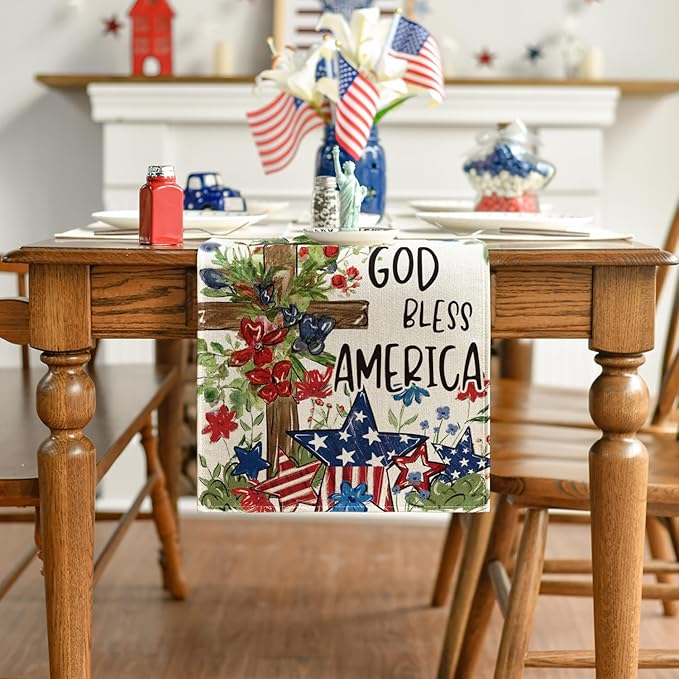 Artoid Mode Cross Star Floral Patriotic 4th of July Table Runner, Memorial Day Kitchen Dining Table Decoration for Home Party Decor 13x60 Inch