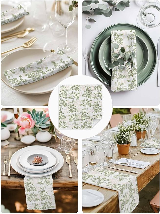 Sage Green Leaves Cloth Napkins Set of 6 - Washable Dinner Napkins Reusable Table Napkins for Home Party Weeding Dining Table Setting Decoration,Oversized 20"x20" Wildflower Herbs Floral Spring Summer