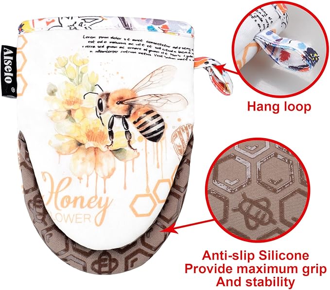 Alselo Mini Oven Mitts,2pk - Silicone Little Kitchen Gloves, Heat Resistant with Non-Slip Grip and Soft Quilted Cotton Lining for Safe Backing Cooking Barbecue (Khaki, Bee)