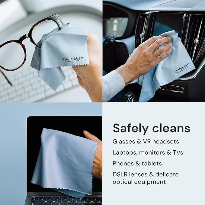 Elite Screens 13-Pack Oversized Microfiber Cleaning Cloth Set - 12-pc 6" x 7" & 1-pc 12" x 12" - Blue Smudge-Free Lens Cleaning Cloths for Eyeglasses - Reusable Microfiber Glasses Wipes