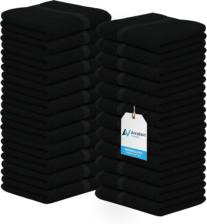 Avalon Towels Cotton Washcloths 24-Pack – 12 x 12 Inch Black Super Soft & Absorbent Ring-Spun Cotton Wash Cloths for Face, Bath, Spa, Gym, Hotel & Cleaning