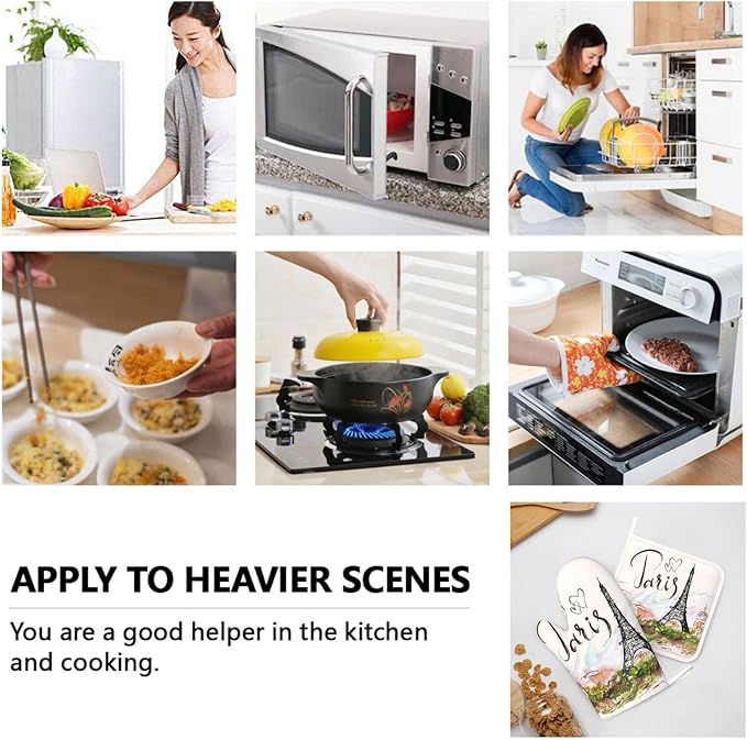 Pretty Romantic Paris Eiffel Tower Oven Mitts and Pot Holders Sets of 4, Heat Resistant Silicone Oven Mittens and Potholders Gloves Hot Pads for Kitchen Cooking Baking Grilling BBQ Chef