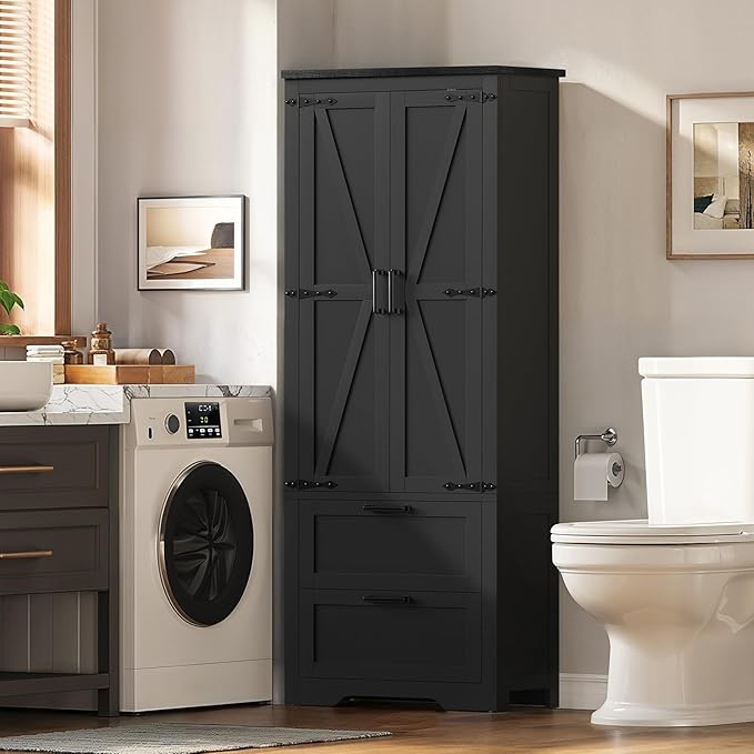 TEENFON 66.1" H Storage Cabinet, Farmhouse Kitchen Pantry Cabinet with 2 Drawers & Adjustable Shelf, Bathroom Cabinet, for Living Room, Kitchen, Bathroom, Black