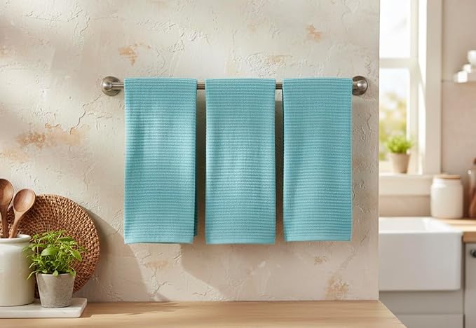 Serafina Home Aqua Light Blue Kitchen Dish Towels: (18" x 28", 3 Pack) 100% Cotton Cloth Soft Cleaning Drying Absorbent Ribbed Terry Loop, Multipurpose (Aqua Blue)