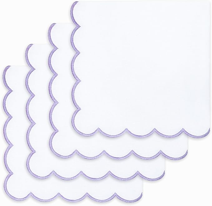 PurpleEssences Scalloped Embroidery Cloth Napkins - Spring Easter Summer - Table Decor - 100% Cotton - Set of 4-18x18 inch - White - Edges - Lavender