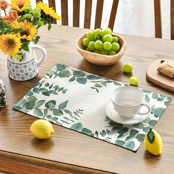 Artoid Mode Eucalyptus Leaves Summer Placemats for Dining Table, 12 x 18 Inch Spring Seasonal Holiday Rustic Vintage Washable Table Mats Set of 4 Green