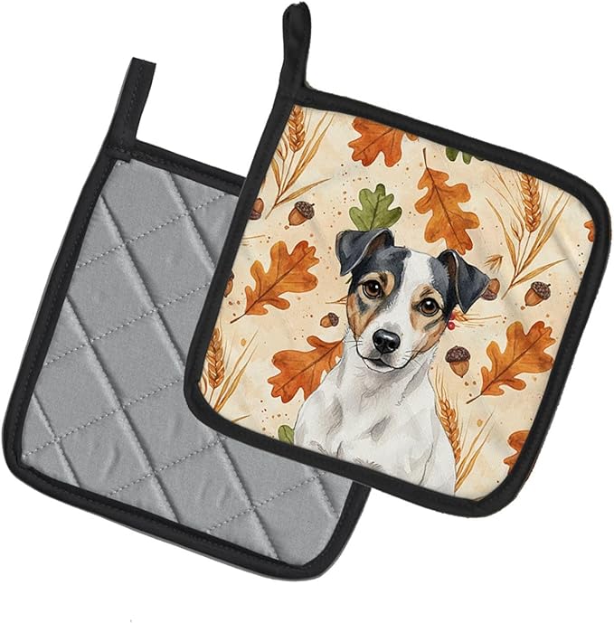 Caroline's Treasures White and Black Jack Russell Terrier Heirloom Fall Pair of Pot Holders Pair 7.5x7.5 Quilted Insulated Hot Pads Decorative Kitchen Gift Made in USA