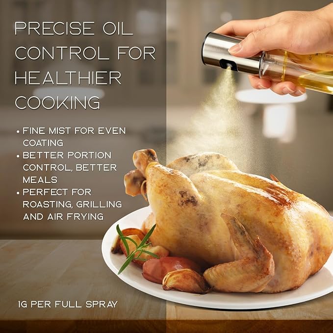 BOKKY Oil Sprayer for Cooking, 2 Pack 100ml Olive Oil Mister for Air Fryer, BBQ & Salad, Refillable 304 Stainless Steel Glass Bottles (Transparent / 2 Pack)
