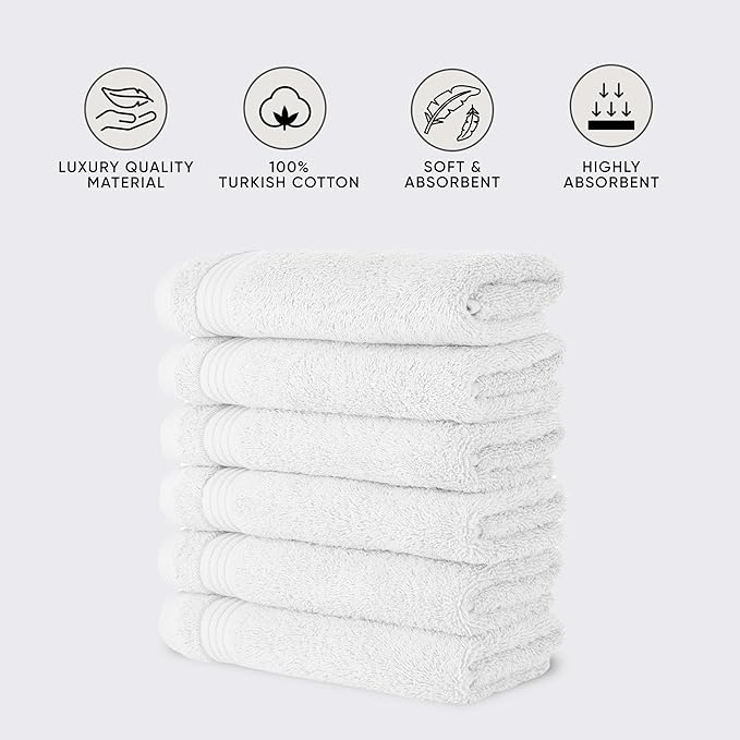 Classic Turkish Towels CTT - Premium 6 Piece Hand Towels Set, 100% Turkish Cotton, Quick Dry & Comfy Towels for Hotel & Spa, Highly Absorbent | 16"x27" (White)