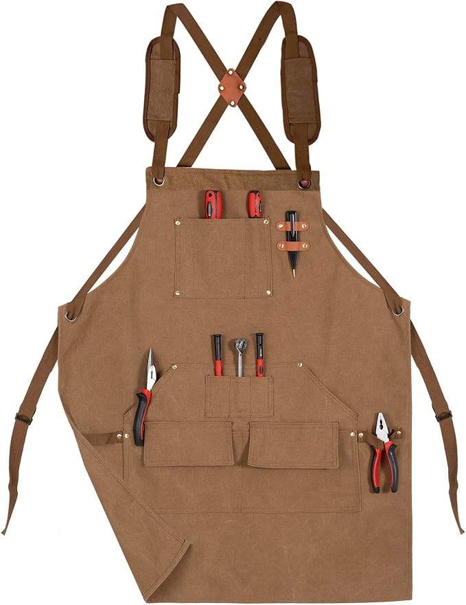 Tosewever Work Aprons for Men with Large Pockets, Canvas Cross Back Heavy Duty Adjustable Tool Aprons for Chef Cooking BBQ