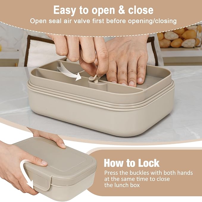 Caperci Stackable Bento Lunch Box for Adult & Teens - Reinforced Leak-Proof Lunch Container 4-Compartment with Utensils & Sauce Container, BPA-Free, Dishwasher/Microwave Safe, 47oz (Pale Mocha)