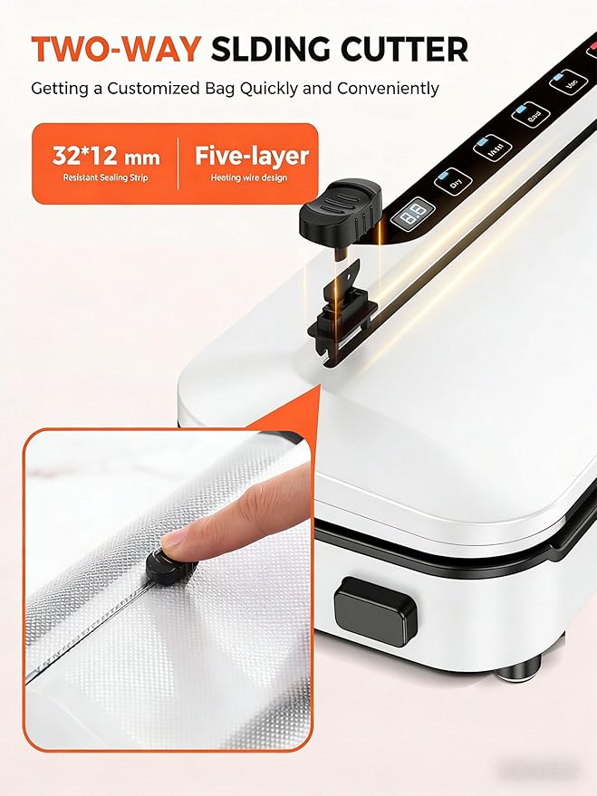 Vacuum Sealer Machine 75KPa Food with 6-in-1 Dry/Moist Modes & Digital Timer, Compact Lightweight Design, Built-in Cutter + 10 Bags (white)