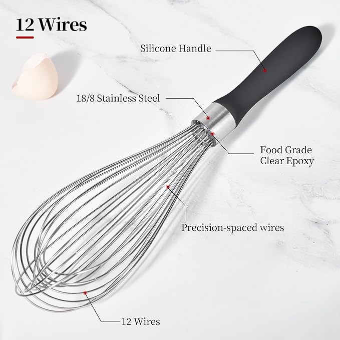 12inch Kitchen Wire Whisk, 18/10 Stainless Steel Metal Balloon Wisk （Large, Black）