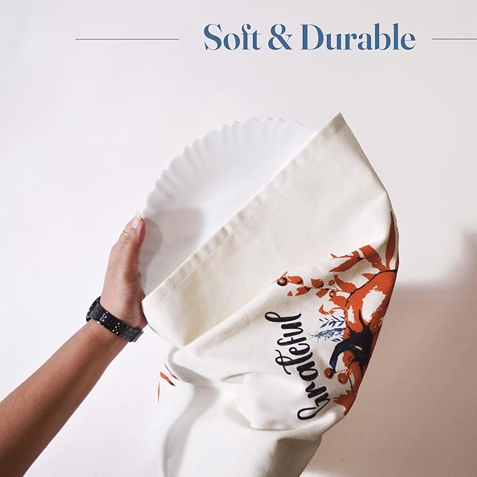 The Fine Living Company Set of 2 Thankful & Grateful Printed Dish Towels, Hand Towels, Boho Tea Towels - Multifunctional, Stylish, Absorbent, Quick Dry, Soft 18" x28", 100% Cotton, Blue & Orange