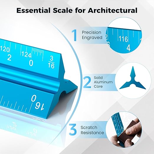 Rena Chris Architectural Scale Ruler: 12" Imperial Aluminum Alloy Metal Architecture Measuring Tools, Engineering Drafting Construction Drawing Blueprints Triangular Architect Scaling Rulers 12 Inches