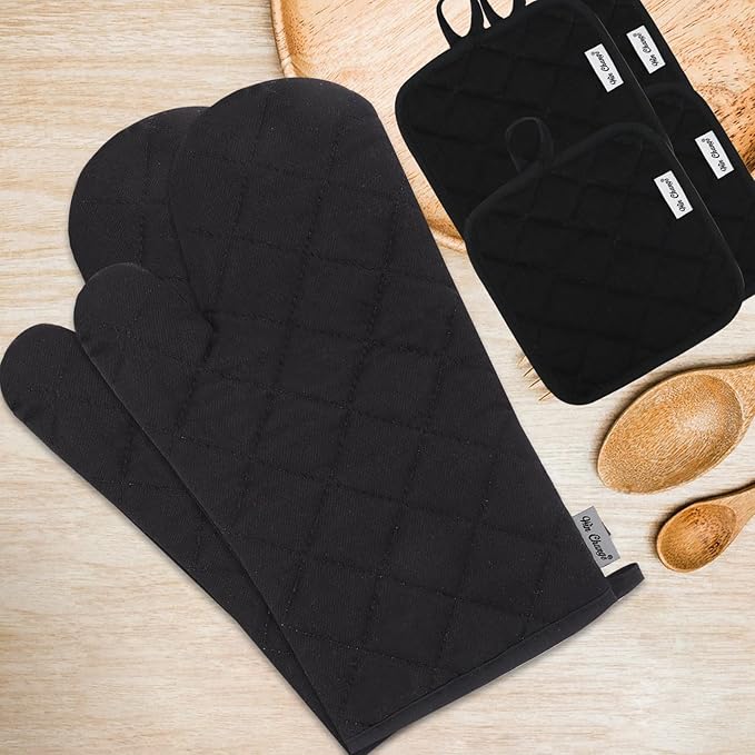Oven Mitts and Pot Holders Sets,6 Pcs Oven Mitts and Potholders with Recycled Cotton High Heat Resistant Extra Thick Long Oven Mitts for Cooking(Black)