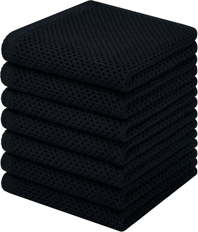 Homaxy 100% Cotton Waffle Weave Kitchen Dish Cloths, 7-Pack Ultra Soft Absorbent Dish Towels, Quick Drying Dish Rags, 12 x 12 Inches, Black